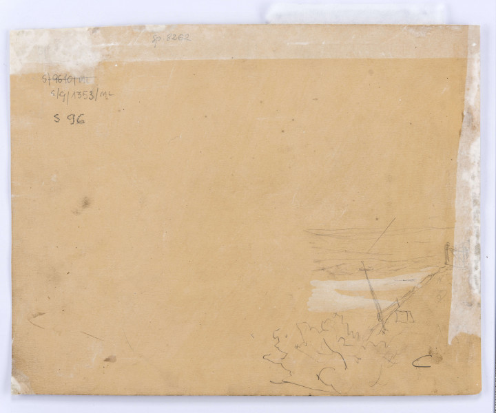 Widok rynku w Kazimierzu. Na pierwszym planie szeroki fragment placu rynkowego z ciągami kamienic rzucających długi cień na pusty plac. Po lewej ciąg kamienic, z których dwie
(kamienice Przybyłów)  zwieńczone wysokimi attykami. Na wprost cztery domy ustawione szczytowo do rynku. Drugi od lewej - parterowy, z podcieniem, na rogu - piętrowa kamienica Gdańska z barokowym szczytem. W centrum placu rynkowego studnia częściowo zasłonięta 
chłopską furmanką z wyprzęgniętym koniem.
