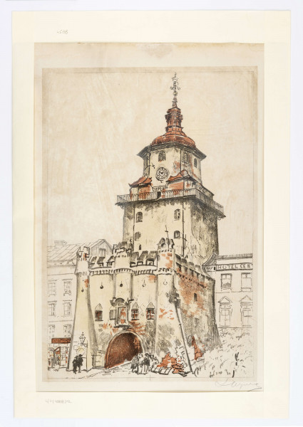 Widok Bramy Krakowskiej wraz z fragmentami przylegających kamienic. Bryła bramy w centrum, na osi. Budynek bramy z wysuniętym przedbramiem zwieńczonym trzema wieżyczkami i blankowaniem (krenelażem). W przyziemiu półkolisty przejazd, nad nim nisza z obrazem Matki Boskiej. Z tyłu wieża bramna na planie kwadratu, górna kondygnacja na planie ośmioboku, z tarczą zegarową na osi. Poniżej zegara napis: CIEPŁA 14. Brama zwieńczona barokowym hełmem z latarnią. Przed bramą fragment ulicy z sylwetkami spacerujących przechodniów. Bryła budowli określona rozjaśnioną żółcienią, miejscami nałożone plamy bruntatnej czerwieni i cieniowania w tonaji szarości.  