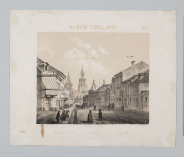 S/G/488/ML - Widok Krakowskiego Przedmieścia w Lublinie. Po prawej zwarty ciąg kamienic Krakowskiego Przedmieścia, zza którego ukazane szczyty katedry. Po lewej widoczny fragment wieży kościoła św. Ducha, w głębi neogotycka wieża Bramy Trynitarskiej.
