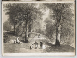 S/G/1510/ML - Scena rodzajowa przedstawiająca postacie spacerujące po parku Czartoryskich w Puławach. W tle Mostek nad Głęboką Drogą i Domek Grecki.