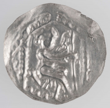 N/2823/ML - Książę na tronie z profilu w prawo trzymajacy przed sobą wsparty o ziemię proporzec. Po bokach dwie kolumny podtrzymujace sklepienie.