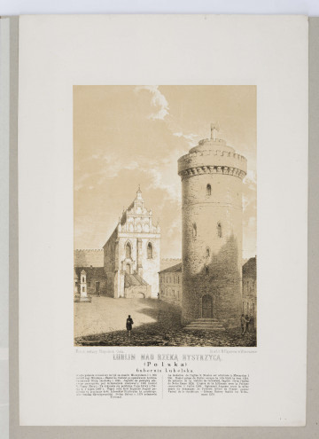 Widok dziedzińca zamku lubelskiego z kaplicą i basztą. Na pierwszym planie, po prawej baszta na planie koła, w głębi nieco na lewo od osi, w obwodzie murów skrzydła wschodniego bryła późnogotyckiej kaplicy św. Trójcy. Przy północnej ścianie kaplicy dawny dom mansjonarski, po lewej wolnostojąca smukła kapliczka. Przedstawienie w tonacji szarości i beżu, miękko modelowane.