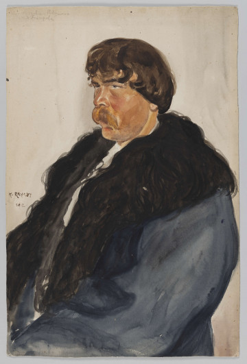 S/G/89/ML - Portret mężczyzny w średnim wieku, ujęty do pasa, zwrócony 3/4 w lewo.Twarz podłużna, o grubych rysach i ciemnej karnacji. Włosy ciemne, półdługie, odsłaniające nieznacznie ucho. Oczy wąskie, wyraźnie zaznaczone ciemne brwi. Nos krótki, usta zasłonięte wydatnymi, jasnymi wąsami. Ubrany w grube,ciemne palto z szerokim, futrzanym kołnierzem, między którym przebłyskuje biały pas koszuli. 
