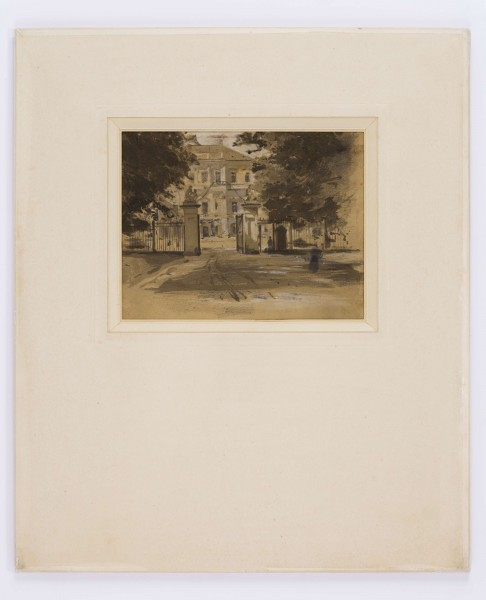 Dwa rysunki oprawione we wspólną ramę: Pierwszy przedstawia widok frontowej elewacji 
pałacu w Puławach z perspektywy drogi i bramy prowadzącej na dziedziniec. Budynek 2-piętrowy, z centralnym 3-osiowym ryzalitem. W dolnej kondygnacji ryzalitu arkadowe podcienia kryjące otwór wejściowy. Na piętrze taras z balustradą. Skrajne partie elewacji zasłonięte przez rozłożyste korony drzew umieszczonych po bokach kompozycji. Przed pałacem, na osi brama wjazdowa założona na filarach spiętych żelaznym łukiem i zwieńczonych rzeźbionymi posągami; 
Na drugim rysunku: widok ulicy Podwale w Lublinie. Przy lewej krawędzi fragment elewacji kościoła św. Wojciecha i gmachu klasztoru. U dołu wzdłuż ściany klasztoru uliczka z zamkniętym półkoliście otworem przejścia. Z prawej ulica wzmocniona wysokim murem ze szkarpami i piętrzące się zabudowania tyłów ul. Grodzkiej. W głębi prześwit z sylwetką Wieży Trynitarskiej. 
W p.g. oł.: Podwale
Oba przedstawienia utrzymane w tonacji ugrów i szarości na beżowym tle papieru. Partie oświetlone wydobyte plamami bieli. Prowadzone swobodną plamą.