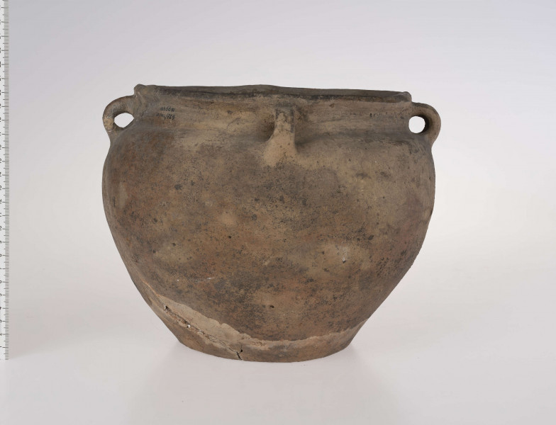 Baniaste naczynie z czterema uszkami o brunatnej powerzchni. Dno niewyodrębnione, delikatnie wklęsłe. Szyjka krótka, cylindryczna.