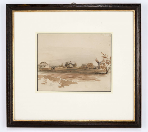 Rozległy pejzaż z bryłą kościoła w centrum. W głębi, na linii horyzontu małe sylwetki trzech budynków. Przy lewej krawędzi chata nakryta wysokim, spadzistym dachem. Na osi kościół na planie krzyża, z kopułą, po prawej wiatrak oraz rachityczne drzewko.  Przed chatą pasąca się krowa. Górną część kompozycji stanowi gładki pas nieba. Malowane swobodnymi plamami kolorów. Płaszczyznę podłoża na pierwszym planie tworzą smugi w odcieniach brązu i rozmytej szmaragdowej zieleni. Ściany kościoła blado - żółte, szary dach z czerwonym akcentem hełmu latarni. Drzewa wokół w odcieniach ciepłej, przeżółconej zieleni.  Niebo nad horyzontem zabarwione delikatnie przełamanym szarością brązem. W dolnej partii przedstawienia ślady 
ołówkowego szkicu.