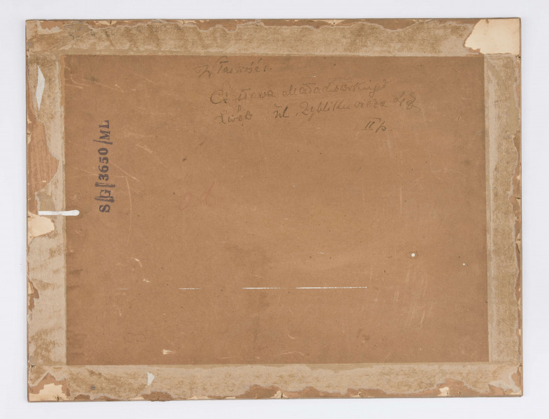 W centrum postać mężczyzny w średnim wieku. Ukazany 3/4 w prawo, nogi w rozkroku, ręce uniesione, zgięte w łokciach. W dłoniach duża, zielona butelka. Ubrany w długi, sięgający kostek, brązowy płaszcz i buty z cholewami. Twarz pociągła, oczy przymknięte, wypukłe powieki,  wystający, długi nos. Włosy półdługie, ciemne, na czubku głowy łysina częściowo zakryta opadającą na czoło grzywką. Z lewej strony, za postacią granatowa czapka z daszkiem. Tło zaznaczone delikatnymi plamami zieleni i granatu.
