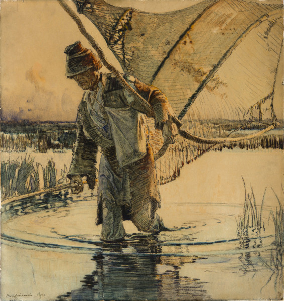 Przedstawienie niosącego sieć mężczyzny na tle szerokiego rozlewiska wody. Postać nieco na lewo od osi, lekko pochylona do przodu. Na głowie stożkowata czapka, ubrany w ubogi, obszarpany strój, złożony z długiego wierzchniego okrycia i spodni. Przez prawe ramię przewieszona  ukośnie duża torba. Nogi do kolan zanurzone w wodzie. W prawej, opuszczonej ręce trzyma drąg, lewą obejmuje konstrukcję niesionej z tyłu sieci. Sieć rozpięta na dwu skrzyżowanych, łukowato wygiętych tyczkach zajmuje prawy, górny róg. W tle pas wody z kępami trawiastych zarośli. Przedstawienie utrzymane w szaro - błękitnej tonacji z akcentami ugrów i brązów. Postać rybaka rozświetlają z prawej strony ceglasto-ugrowe plamy. Kształty i modelunek wewnętrzny podkreślone czarnymi kreskowaniami.
