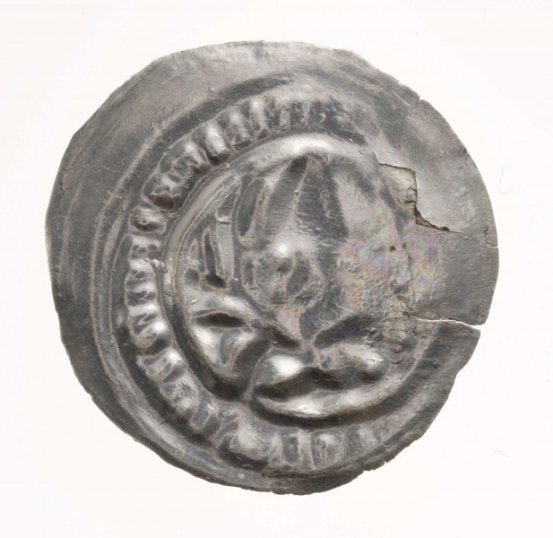 Popiersie księcia na wprost w mitrze na głowie i z gałązką palmową w lewej dłoni. Wokół popiersie obwódka. Napis z lewej strony głowy księcia niewidoczny.