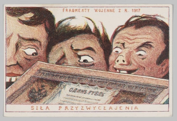 R/6710/ML R/6710/ML - Scena satyryczna. Spoza ukazanego u dołu fragmentu gabloty widoczne
częściowo głowy trzech mężczyzn o karykaturalnych rysach twarzy. Ich wzrok skierowany na umieszczoną w gablocie kartkę z rosyjskim napisem oraz wizerunek rosyjskiego orła. Formy uzyskane przez gęste, nakładające się punktowania, w karnacji twarzy dominuje czerwień, na jej tle wyraźnie wydobyte białka oczu i zęby. Gablota w tonacji brązu, rysunek form podkreślają błękitne kreski.