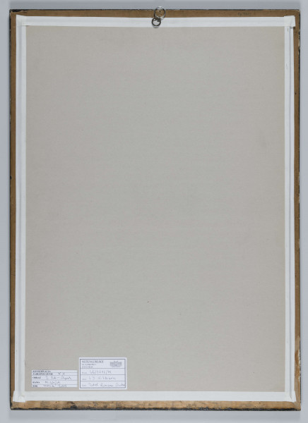 S/G/3646/ML - Portret młodzieńca na sepiowym tle. En face, włosy krótkie, uczesane z przedziałkiem, z grzywką zasłaniającą prawą część czoła. Oczy duże, błyszczące, o regularnych łukach brwiowych. Nos długi, wąski, wydatne usta o falistej linii warg. Po szyją jasny kołnierzyk. Z prawej strony głowy, w tle silne zacienienie, po lewej szerokie, błękitne smugi z zaznaczonym światłem.
