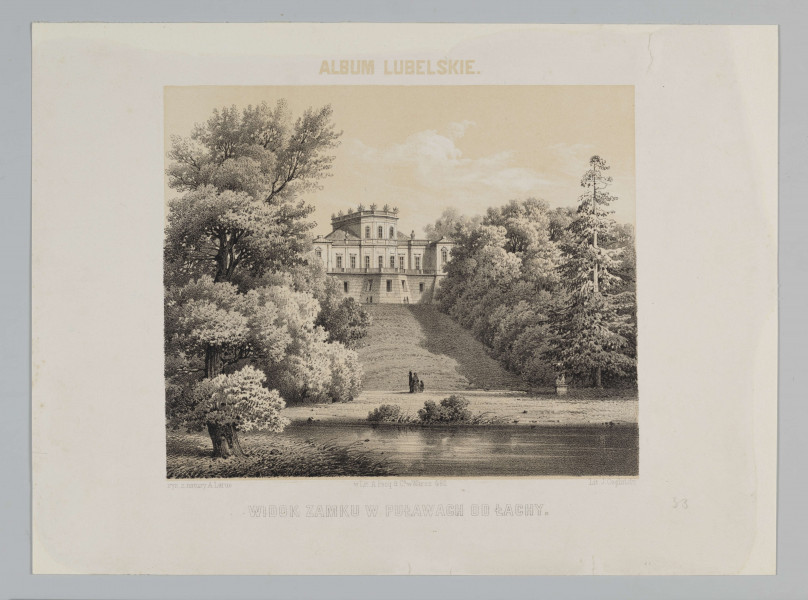 S/G/506/ML - Widok pałacu Czartoryskich w Puławach od strony łachy wiślanej. Na pierwszym planie tafla wody, w głębi na osi trzy skierowane ku pałacowi postacie. Pałac posadowiony na wzniesieniu, ukazany w kulisach bujnej parkowej roślinności. 