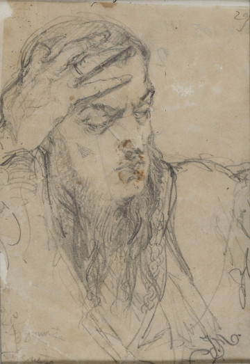 S/G/104/ML - Fragment popiersia starszego mężczyzny. Kompozycja przesunięta w lewo. Głowa 3/4 w prawo, schowana w ramionach. Z lewej strony wsparta na dłoni. Twarz o ostrych rysach okolona na wysokości obrzeża twarzy długą, nieco splątaną brodą. Oczy przymkniete, podkrążone, wokół zmarszczki. Brwi ściągnięte, o zdecydowanym łuku. U nasady nosa głębokie bruzdy. Nos długi, wąskie, zaciśnięte usta, ostro zarysowane wystające kości policzkowe. Ubrany w luźną szatę, na szyi fragment łańcucha.
sygn. p.d.: JM (monogram wiązany), p.g. ołówkiem 29.