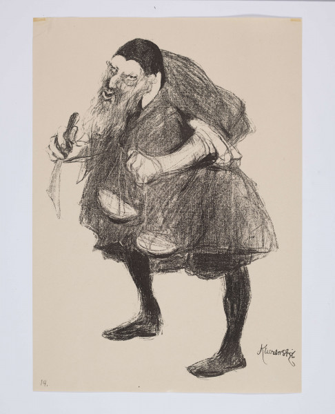 S/G/968/ML - Portretowany ujęty w całej postaci, 3/4 w lewo. Ukazany jako starszy, brodaty  Żyd o lekko przygarbionej sylwetce. Ubrany w szeroką szatę do kolan, na głowie jarmułka (?). W prawej dłoni trzyma skierowany ostrzem ku dołowi nóż, w lewej wagę.