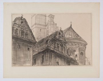 S/G/809/ML - Fragment zespołu pobernardyńskiego w Lublinie w widoku od południowego wschodu. Po lewej widoczne górne partie przylegających do kościoła od południa zabudowań klasztornych z barokowymi szczytami wieńczącymi elewacje. Po prawej apsyda prezbiterium kościoła. Bryły zakomponowane w perspektywicznym rzędzie. Pomiędzy dwoma szczytami, w głębi część kwadratowej wieży zegarowej i fragment szczytu nawy wschodniej zdobionego ornamentem okuciowym. Szczyty ze spływami wolutowymi, rozczłonkowane pilastrami i arkadowymi 
wnękami. Ścianę apsydy wieńczy belkowanie z fryzem konsolkowym. Przedstawienie szkicowe, formy wydobyte miękką kreską, modelowane przetartymi szerokimi smugami w odcieniach szarości.
sygn. l.d. : L Wycz
