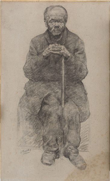 Postać starszego mężczyzny ujęta en face w pozycji siedzącej. Splecione kościste dłonie wsparte na zakrzywionej rączce laski, którą ściska kolanami. Twarz trójkątna, z wysokim łysiejącym czołem. Głębokie zmarszczki dookoła dużych oczu, obwisłe policzki, krótki szeroki nos. Usła zakryte krótkimi wąsami. Ubrany w ciemną kurtę do kolan, nieco za obszerne spodnie i podniszczone buty - trzewiki.