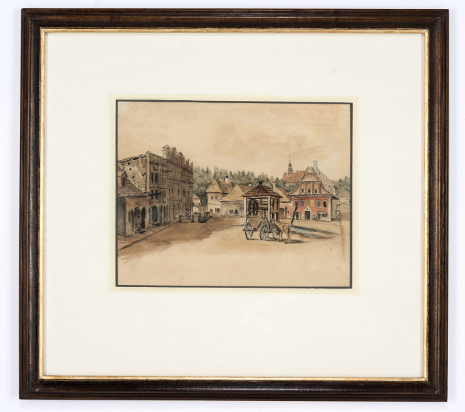 Widok rynku w Kazimierzu. Na pierwszym planie szeroki fragment placu rynkowego z ciągami kamienic rzucających długi cień na pusty plac. Po lewej ciąg kamienic, z których dwie
(kamienice Przybyłów)  zwieńczone wysokimi attykami. Na wprost cztery domy ustawione szczytowo do rynku. Drugi od lewej - parterowy, z podcieniem, na rogu - piętrowa kamienica Gdańska z barokowym szczytem. W centrum placu rynkowego studnia częściowo zasłonięta 
chłopską furmanką z wyprzęgniętym koniem.
