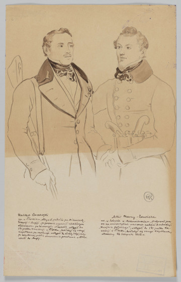 S/G/82/ML - Portret dwóch mężczyzn w średnim wieku, w ujęciu do bioder, zwróceni en trois quartes ku sobie, uściskający dłonie. Obaj wyobrażeni z bronią, ubrani w płaszcze - mężczyzna po lewej - w jednorzędowy z szerokimi klapami, przez ramię przewieszony karabin, mężczyzna po prawej w dwurzędowym płaszczu z wysokim kołnierzem, za pas zatnięte dwa pistolety. Przedstawienie o charakterze szkicu. 