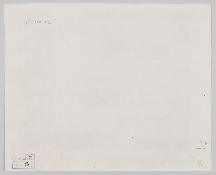 S/G/700/ML - Pejzaż ze sztafażem. Na pierwszym planie przy prawej krawędzi fragment skały, po lewej zakole Wisły ograniczone po prawej stronie kamiennym murem. W łuku rzeki wysoki postument z figurą świętej, przed nią modlący się dwaj mężczyźni. W głębi, na drodze dwie kolejne postacie męskie - jeden z mężczyzn na osiołku, drugi pieszo, obok nich pies. Za korytem rzeki widoczny fragment domu przysłonięty częściowo przez otaczające go drzewa. W tle skaliste, porośnięte drzewami wzniesienia i zasnute chmurami niebo.