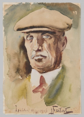 R/7212/ML R/7212/ML - Portret mężczyzny w popiersiu, en trois quarts w lewo. Twarz lekko kwadratowa o zdecydowanzch rysach, oczy szeroko rozstawione, nos dość wydatny, lekko opadające kąciki ust. Na głowie beżowa czapka z daszkiem nasunięta na czoło. Ubrany w koszulę z białym kołnierzykiem i bordowy krawat. Zarys twarzy mężczyzny podkreslony po lewej ciemną plamą. Zieleń marynarki płynnie zlewa się z tłem. Portret malowany swobodnie rozlewającymi się plamami w odcieniach brązu, z akcentami błękitu.