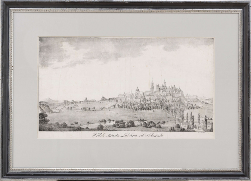 Widok Lublina od południa. Na pierwszym planie pas łąki z pasmem rzeki. W głębi, na prawo od osi gęsto zabudowane wzgórze Starego miasta z charakterystycznymi dla Lublina budowlami. Kompozycja szczegółowa, fomy modelowane miękkimi, zlewającymi się punktowaniami.

