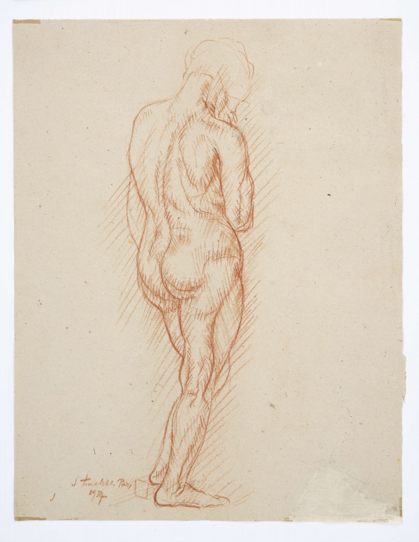 Studium aktu. Postać ukazana od tyłu en trois quartrs w prawo, w kontrapoście (ciężar ciała spoczywa na prawej nodze) Głowa pochylona ku dołowi z lekko zarysowaną linią włosów. Prawa ręka zgięta w łokciu. Wyraźnie zaznaczona muskulatura. Tło neutralne. Rysowane szkicowo, w konwencji realistycznej.

