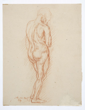 Studium aktu. Postać ukazana od tyłu en trois quartrs w prawo, w kontrapoście (ciężar ciała spoczywa na prawej nodze) Głowa pochylona ku dołowi z lekko zarysowaną linią włosów. Prawa ręka zgięta w łokciu. Wyraźnie zaznaczona muskulatura. Tło neutralne. Rysowane szkicowo, w konwencji realistycznej.
