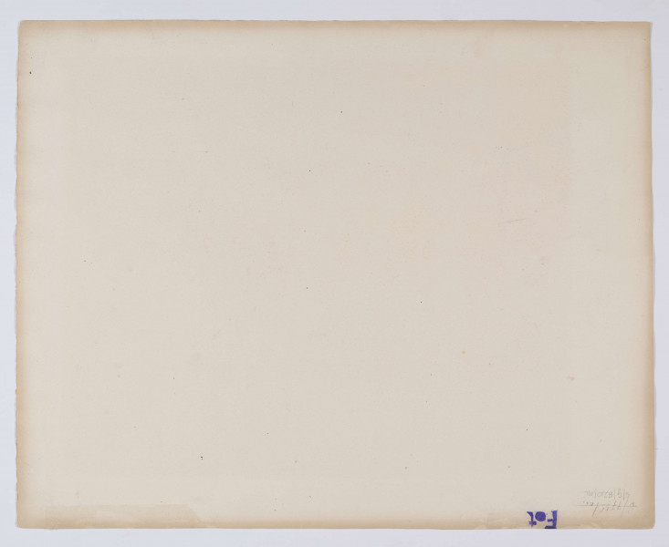 S/G/820/ML - Widok dolnych partii portyku kolumnowego katedry lubelskiej. Widoczny narożnik 5-stopniowych schodów wiodących do świątyni, dolne części 4 kolumn portyku oraz fragment fasady z portalem wejściowym na osi. U dołu po prawej, w tle fragment kamiennej balustrady oddzielającej plac katedralny od ulicy Królewskiej. Kolumny ukazane w perspektywicznym rzędzie, ustawione na niskich, kwadratowych cokołach, trzony gładkie. Formy modelowane miękko szerokimi, przetartymi smugami w odcieniu szarobrunatnym.