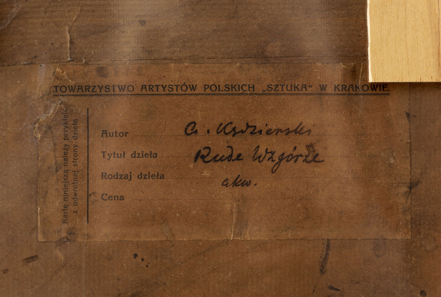 Pejzaż w jesiennej scenerii. Na pierwszym planie rozległy teren z usytuowanym fragmentarycznie w prawej części kompozycji rozgałęzionym pniu drzewa o powyginanych, niemal bezlistnych gałeziach. W oddali widoczne inne drzewa i zarośla, których pnie tworzą dekoracyjne, linearne układy. Kolorystyka zdominowana przez wyciszone tony brązów, ugrów i czerni z akcentami żółcieni liści i przygaszonych, niebieskawych paproci. 
  