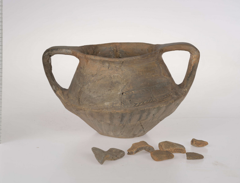 Naczynie wazowate, dwustożkowe z dwoma taśmowatymi uchami. Nad załomem brzuśca zdobienie w postaci linii rytych wypełnionych ukośnym kreskowaniem. Powierzchnia brunatna. Typ III/3 wg T. Liany.