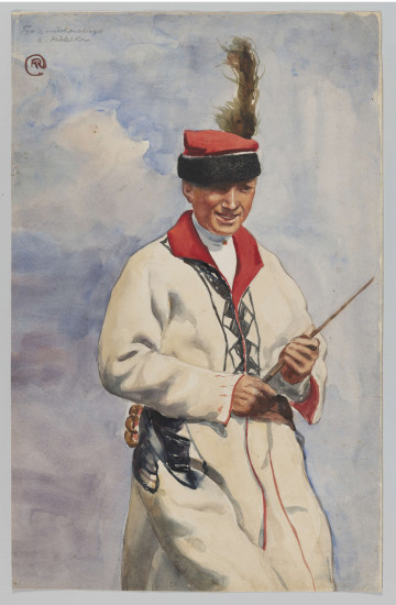 S/G/85/ML - Na tle pokrytym smugami błękitu, nieco na prawo od osi postać mężczyzny w stroju ludowym, ucięta na wysokości kolan. Ukazany 3/4 w prawo, na głowie czerwono-czarna czapka z pawim piórem. Twarz o ciemnej karnacji, usta rozciągnięte w uśmiechu. Ręce ugięte w łokciach, w dłonich brązowy pręt (?). Ubrany w długą, ściągniętą w pasie sukmanę w kolorze kości słoniowej, z czerwonym kołnierzem, wzdłuż zapięcia czarna, geometryzująca aplikacja. Kompozycja malowana swobodnymi plamami, miejscami rysunek podkreślony konturem.
l.g. napis ołówkiem: Typ z miechowskiego z. Kielecka
sygn. l.g.: monogram wiązany artysty