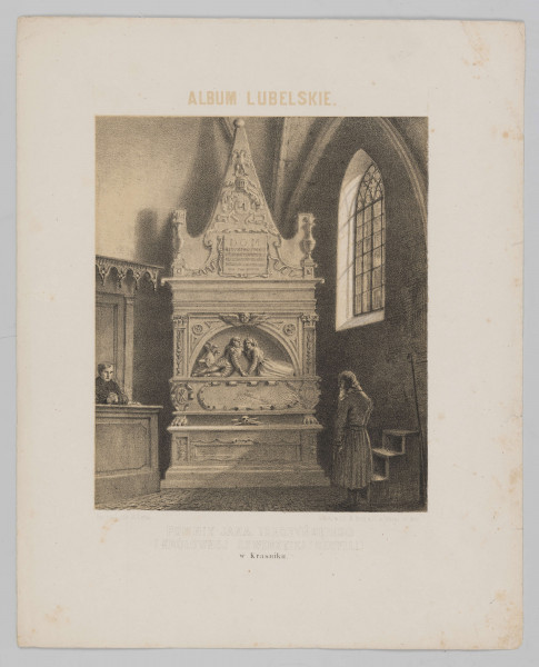 S/G/492/ML - Widok domniemanego nagrobka Jana Baptysty Tęczyńskiego (ok. 1538-1563) i królewny szwedzkiej Cecylii w kościele wniebowzięcia Najświętszej Maryi Panny Kraśniku.  Nagrobek architektoniczny, przyścienny. Powyżej cokołu sarkofag z herbami Jelita po bokach, na sarkofagu przedstawiona w arkadowej wnęce młoda para w pozycji półleżącej, połączona uściskiem ramion. Mężczyzna w zbroi, kobieta w długiej sukni. Arkada ujęta po bokach kompozytowymi pilastrami, po bokach rozetki, na łuku archiwolty uskrzydlona główka anielska. Powyżej belkowania zwieńczenie w formie obelisku. W jego dolnej części tablica z napisem:  D.O.M. Quos vita conjunxit, mors in tu mulum reduxit (których życie połączyło, śmierć w grobowcu rozdzieliła). Ponad tablicą herb Tęczyńskich - Topór z cesarskim dwugłowym orłem w klejnocie. Po prawej stronie nagrobka starszy, brodaty mężczyzna, w ścianie przeprute zamknięte ostrym łukiem okno, po lewej fragment stalli i modląca się postać. 
