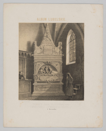 S/G/492/ML - Widok domniemanego nagrobka Jana Baptysty Tęczyńskiego (ok. 1538-1563) i królewny szwedzkiej Cecylii w kościele wniebowzięcia Najświętszej Maryi Panny Kraśniku.  Nagrobek architektoniczny, przyścienny. Powyżej cokołu sarkofag z herbami Jelita po bokach, na sarkofagu przedstawiona w arkadowej wnęce młoda para w pozycji półleżącej, połączona uściskiem ramion. Mężczyzna w zbroi, kobieta w długiej sukni. Arkada ujęta po bokach kompozytowymi pilastrami, po bokach rozetki, na łuku archiwolty uskrzydlona główka anielska. Powyżej belkowania zwieńczenie w formie obelisku. W jego dolnej części tablica z napisem:  D.O.M. Quos vita conjunxit, mors in tu mulum reduxit (których życie połączyło, śmierć w grobowcu rozdzieliła). Ponad tablicą herb Tęczyńskich - Topór z cesarskim dwugłowym orłem w klejnocie. Po prawej stronie nagrobka starszy, brodaty mężczyzna, w ścianie przeprute zamknięte ostrym łukiem okno, po lewej fragment stalli i modląca się postać. 
