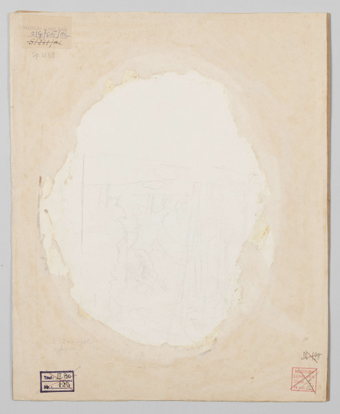 S/G/65/ML - Portret. Popiersie młodej kobiety, 3/4 w lewo. Twarz trójkątna, wydłużona o bladej karnacji i zaróżowionych policzkach. Błękitne oczy nieco wypukłe. Usta małe, włosy jasnobrązowe, falujące, z rozwichrzonymi kosmykami okalającymi twarz, na lewym ramieniu pukiel. Głowa nakryta cienkim, falującym ku lewej szalem. Ubrana w jasną suknię z szerokim, głębokim dekoltem. Kompozycja w owalu umieszczonym na ciemnym tle.