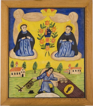 E/16867/ML Obraz wykonany na papierze, temperą. Skomponowany w dwóch wydzielonych strefach. W centralnej części górnego pasa, niebiańskiego, jest wieniec złożony z 6 stylizowanych kwiatów, przewleczonych przez zieloną liściastą gałąź, okalający postać Matki Bożej z Dzieciątkiem na prawym ręku. MB ubrana jest w niebiesko-czerwoną szatę, Dzieciątko w długiej czerwonej sukience. Obie postaci mają na głowach żółte korony. Postać MB jest adorowana przez św. Jacka i św. Dominika, zwróconych w jej stronę, stojących na biało-szarych obłokach, po obu stronach. Święci wyglądają niemalże identycznie, mają jasnoniebieskie szaty w pionowe i skośne granatowe linie, na ramionach zarzucone czarne płaszcze. Wokół ich głów rozchodzą się krótkie czerwone promienie. Nad świętymi szara odsłonięta kotara zwieńczona żółto-czerwoną koroną. Na zewnątrz kotary jednolite tło niebieskie, a w jej wnętrzu tło żółte.
Dolna część obrazu, ziemska, wyobraża cudowne znalezienie posążka na roli przez chłopa. Na pierwszym planie chłop ubrany w: czerwoną koszulę, żółte spodnie, czarne buty, niebiesko-granatowy płaszcz, czarny kapelusz. Chłop przyklęka w geście zdziwienia, na białej kopule, w którą wpisany jest tekst: „MB Gidelska”. Za nim przyglądające się zdarzeniu dwa woły zaprzęgnięte do pługa, z łbami stylizowanymi na ludzkie twarze. W prawym dolnym rogu obrazu biegnie brązowo-czarny pas zaoranej ziemi, a na nim czarny posążek, który na owalnym żółtym tle okalają czerwone promienie. W oddali pas 6 symetrycznych drzew (zielone korony, brązowe pnie) oraz po obu stronach obrazu kościoły z wieżami i czerwonymi dachami.