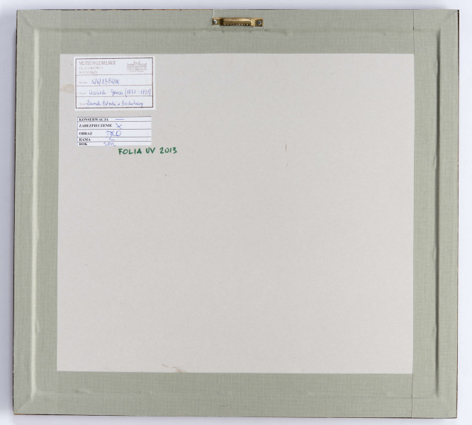 Widok zamku w Bochotnicy pod Kazimierzem. W centrum kompozycji pozostałości murów zamkowych, z zachowanymi w lewej części otworami okiennymi. Dolna część murów przesłonięta przez krzewy. W tle lesiste zarośla, na pierwszym planie biegnący ukośnie pas schematycznie zarysowanej roślinności.
 
