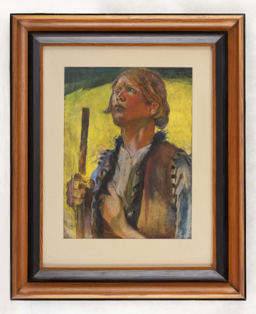 Portret Hucuła. W ujęciu do wysokości pasa, 3/4 w lewo. Głowa zwrócona  ku górze, czoło niskie, głęboko osadzone niebieskie oczy, mały nos, nad górną wargą zarost. Włosy dłuższe, założone za ucho. Ubrany w białą, rozpiętą pod szyją koszulę i brązowy serdak (sierak) bez rękawów obszyty czarnym 