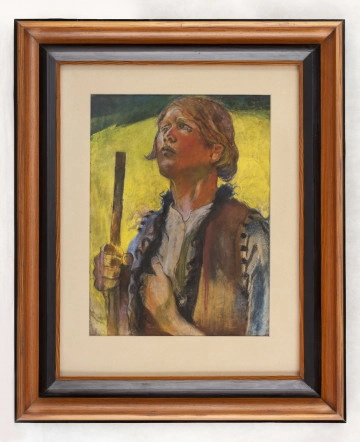 Portret Hucuła. W ujęciu do wysokości pasa, 3/4 w lewo. Głowa zwrócona  ku górze, czoło niskie, głęboko osadzone niebieskie oczy, mały nos, nad górną wargą zarost. Włosy dłuższe, założone za ucho. Ubrany w białą, rozpiętą pod szyją koszulę i brązowy serdak (sierak) bez rękawów obszyty czarnym 