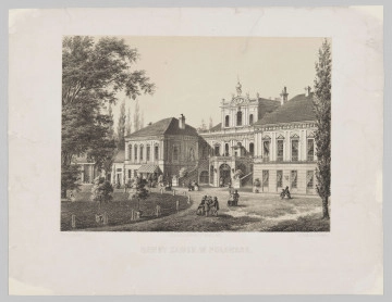 S/G/297/ML - Widok pałacu Czartoryskich w Puławach. Pałac w ujęciu od strony podjazdu, na pierwszym planie fragment gazonu ukazanego w kulisach ujętych przy krawędziach drzew. Na podjeździe postaci spacerujących. Jednopiętrowy, siedmioosiowy korpus główny pałacu posiada nadbudowane trzyokienne drugie piętro i ryzalitowo wysunięte, pięcioosiowe alkierze w narożach. Z dziedzińca na reprezentacyjne pierwsze piętro prowadzą dwubiegowe schody zewnętrzne przylegające po bokach do alkierzy. Balustrada schodów, attyka nad płaskim dachem II piętra i attyka obrzeżająca dachy nad pierwszym piętrem  zdobione rzeźbami, kondygnacja parteru rozczłonkowana boniowaniem, elewacje pierwszej kondygnacji podwójnymi pilastarmi.
sygn. pod ryc.: Rys. z natury ; Odbito w Lit. A. Pecq & Co w Warsz. 482; Lit. A. Matuszkiewicz. U dołu napis: DAWNY ZAMEK W PUŁAWACH.