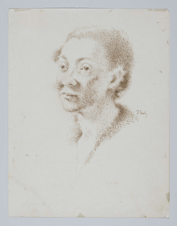 R/6869/ML - Portret kobiety en trois quatrs w lewo. Twarz sczupła, zaznaczone kości policzkowe. Krótkie 
włosy zaczesane do góry. Czoło wysokie, brwi zaznaczone lekkim łukiem, oczy ciemne. Nos prosty, kształtne usta, wąska broda. Szkicowo zasugerowana suknia lub bluzka z trójkątnym dekoltem. Portret w konwencji realistycznej, rysowany delikatną, wijącą się kreską, dającą efekt miękkiego modelunku światłocieniowego. Niektóre partie wydobyte przez punktowanie. Tło neutralne.