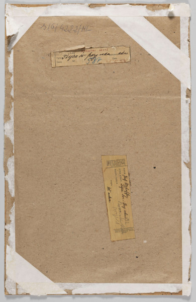 S/G/4222/ML - Projekt witraża - scena figuralna wyobrażająca Trójcę Św.  i personifikacje czterech pór roku. Zamknięty półkoliście prostokąt podzielony na kwadratowe kwatery. W partii półkola na niebieskim tle zielone główki puttów. Poniżej, w centrum złote Oko Opatrzności ze skrzydłami po bokach i błękitną, pokrytą złotymi gwiazdami sferą  w środku. Na oku i sferze napis: JAM JEST KTÓRYM JEST. Po lewej tronujący Chrystus w czerwonej szacie, po prawej gołębica Ducha 
Świętego. Niżej personifikacje pór roku w postaci młodych dziewcząt. Od lewej - Wiosna wśród kwiatów, Lato ze snopem zboża, Jesień zbierająca owoce i Zima przy pokrytym śniegiem krzewie. W kwaterach dolnych - po lewej - starzec z kosą i klepsydrą (personifikacja czasu), po prawej kobieta i dziecko, między nimi, w środku wśród ornamentów dwie tarcze herbowe cechu  rzeźników z głowami wołów. Po bokach tarcz topory. Po bokach napis: KAPLICE TE BONERÓW ODNOWIŁ I OZDOBIŁ POBOŻNĄ MYŚLĄ WIEDZIONY CECH RZEŹNIKÓW I MASARZY, 1931
