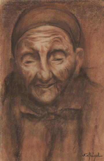 S/G/55/ML - Portet starej kobiety w ujęciu en face. Twarz poorana zmarszczkami, głęboko osadzone, pół przymknięte oczy z uniesionymi wysoko łukami brwiowymi, długi, prosty nos, lekko otwarte wąskie usta. Wzdłuż linii policzków głębokie bruzdy. Ubrana w płaszcz z kołnierzem, na głowie związana do tyłu chustka.
