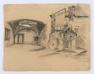 Widok Domu Mansjonarskiego w Lublinie i jednej z sal zamku w Zawieprzycach. Wnętrze sali po lewej, przesklepione, ze zniszczoną więźbą dachową. Po prawej północna elewacja zrujnowanej bryły Domu Mansjonarskiego z pozostałościami niskiej przybudówki krytej dwuspadowym dachem. Przedstawienie prowadzone miękką kreską.
