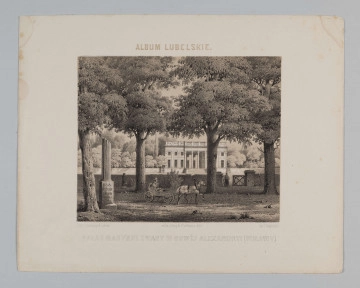 S/G/501/ML - Widok pałacu Marynki w Puławach zbudowanego dla księżnej Marii Wirtemberskiej. Wzniesiony wg proj. Aignera w latach 1791-96 w stylu klasycystycznym. Na pierwszym planie fragment parku z centralnie przedstawionym konnym wozem, powożonym przez mężczyznę, przy murze parkowym dwie kobiety. Pałac w oddali, widoczny zza drzew, dziewięcioosiowy,  jednopiętrowy z kolumnowym portykiem wgłębnym na osi. Na fryzie portyku napis: 