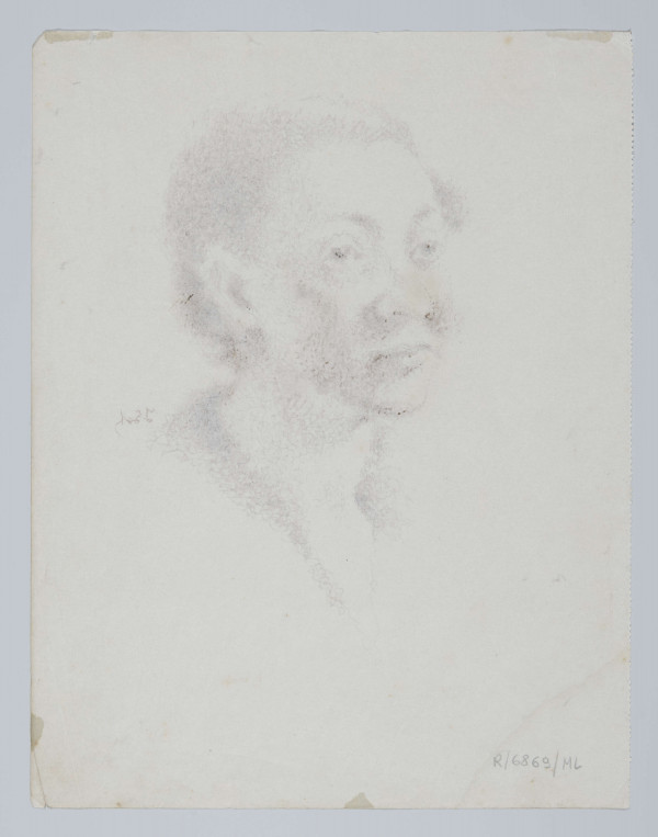 R/6869/ML - Portret kobiety en trois quatrs w lewo. Twarz sczupła, zaznaczone kości policzkowe. Krótkie 
włosy zaczesane do góry. Czoło wysokie, brwi zaznaczone lekkim łukiem, oczy ciemne. Nos prosty, kształtne usta, wąska broda. Szkicowo zasugerowana suknia lub bluzka z trójkątnym dekoltem. Portret w konwencji realistycznej, rysowany delikatną, wijącą się kreską, dającą efekt miękkiego modelunku światłocieniowego. Niektóre partie wydobyte przez punktowanie. Tło neutralne.