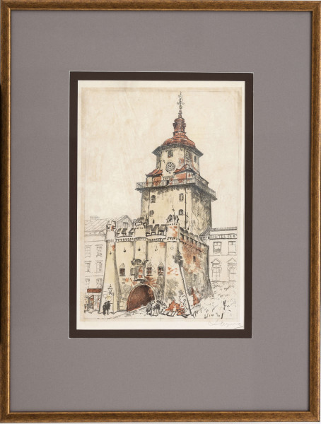 Widok Bramy Krakowskiej wraz z fragmentami przylegających kamienic. Bryła bramy w centrum, na osi. Budynek bramy z wysuniętym przedbramiem zwieńczonym trzema wieżyczkami i blankowaniem (krenelażem). W przyziemiu półkolisty przejazd, nad nim nisza z obrazem Matki Boskiej. Z tyłu wieża bramna na planie kwadratu, górna kondygnacja na planie ośmioboku, z tarczą zegarową na osi. Poniżej zegara napis: CIEPŁA 14. Brama zwieńczona barokowym hełmem z latarnią. Przed bramą fragment ulicy z sylwetkami spacerujących przechodniów. Bryła budowli określona rozjaśnioną żółcienią, miejscami nałożone plamy bruntatnej czerwieni i cieniowania w tonaji szarości.  