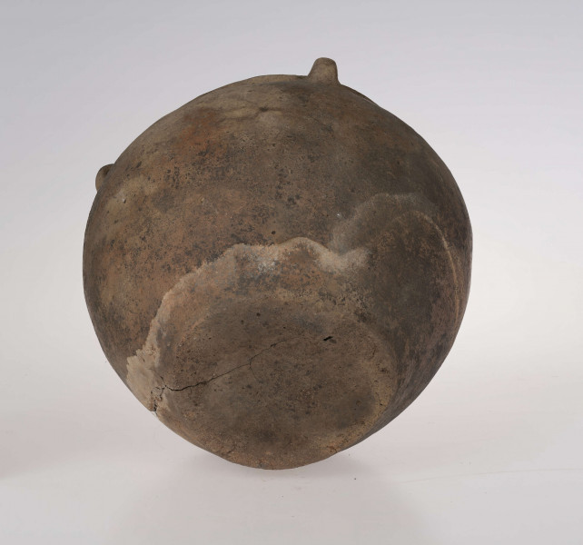 Baniaste naczynie z czterema uszkami o brunatnej powerzchni. Dno niewyodrębnione, delikatnie wklęsłe. Szyjka krótka, cylindryczna.