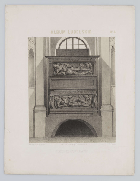 S/G/542/ML - Widok nagrobka Piorta i Mikołaja Firlejów w kaplicy Firlejowskiej kościoła Dominikanów. Nagrobek przyścienny, renesansowy, piętrowy, w obramieniu architektonicznym, ustawiony na niskiej bazie. Figury zmarłych w pozach leżących, w typie śpiących, odziane w zbroje. Przedstawienie szczegółowe, modelowane zespołami zlewających się punktowań i smug w odcieniach szarości. Sygn. pod ryc. l.: Rys. z natury A.Lerue; śr.: Odbito w Lit.A.Pecq & Co. w Warsz.482.; p.: Lit. J. Cegliński; niżej napis: POMNIK FIRLEJÓW.; nad ryc. śr.: ALBUM LUBELSKIE.; p.: No4

