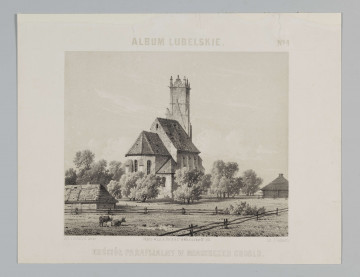 S/G/509/ML - Widok kościoła parafialnego Trójcy Przenajświętrzej i Narodzenia NMP w Chodlu. Kościół ukazany od strony prezbiterium, jednonawowy, z niższym i węższym prezbiterium zamkniętym wielobocznie i wzmocnionym szkarpami. Po prawej stronie prezbiterium zakrystia. Nawa oszkrarpowana, na osi fasady zwieńczona attyką wieża na planie kwadratu. Dookoła kościoła drzewa. Na pierwszym planie ogrodzone parkanem pastwisko i kryta strzechą chata po lewej, druga w głębi po prawej.