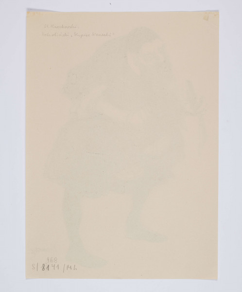 S/G/968/ML - Portretowany ujęty w całej postaci, 3/4 w lewo. Ukazany jako starszy, brodaty  Żyd o lekko przygarbionej sylwetce. Ubrany w szeroką szatę do kolan, na głowie jarmułka (?). W prawej dłoni trzyma skierowany ostrzem ku dołowi nóż, w lewej wagę.